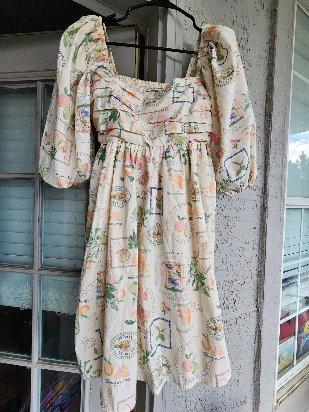 American Eagle Cotton Blend Cream Puff Sleeve Fruit Print Sundress MT B12